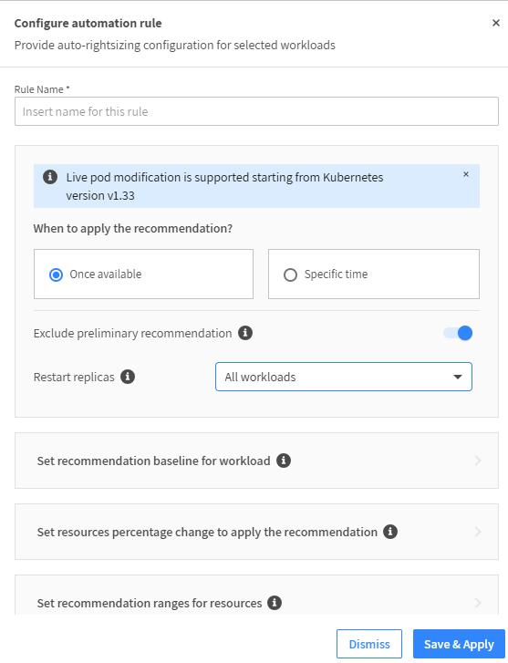 screen that shows how to create or edit a right-sizing-rule